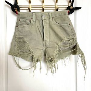 Anthropologie 28 Levi Jean Shorts High Waist Ripped Denim Cotton Moss Sage Green